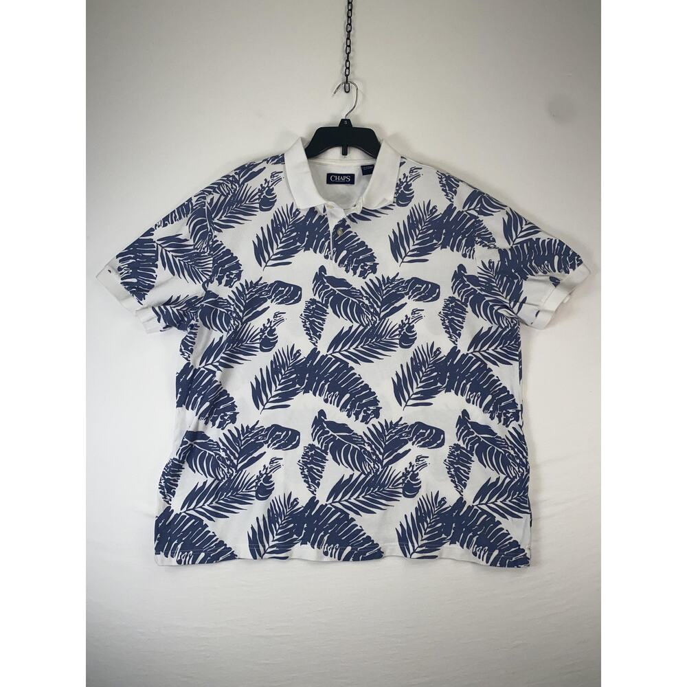 Chaps Polo Shirt Mens 2XL White Blue Tropical Pineapple Print Cotton Casual